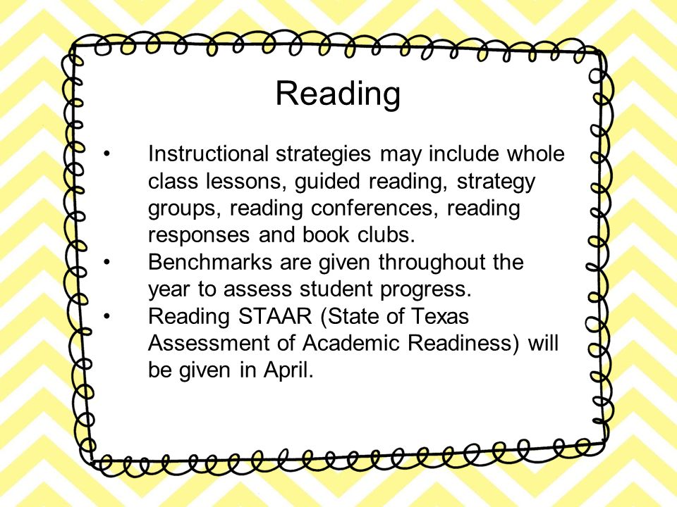 Reading Instructional strategies may include whole class lessons, guided reading, strategy groups, reading conferences, reading responses and book clubs.