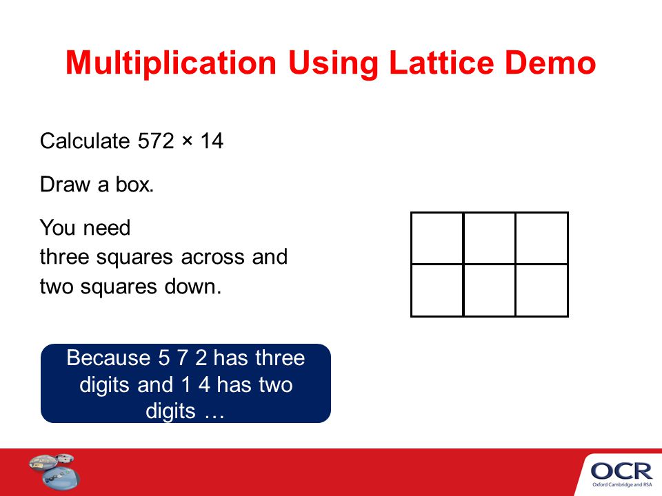 Multiplication Using Lattice Demo Calculate 572 × 14 Draw a box.