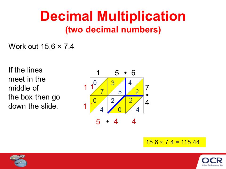 Decimal Multiplication (two decimal numbers) Work out 15.6 × × 7.4 = If the lines meet in the middle of the box then go down the slide.