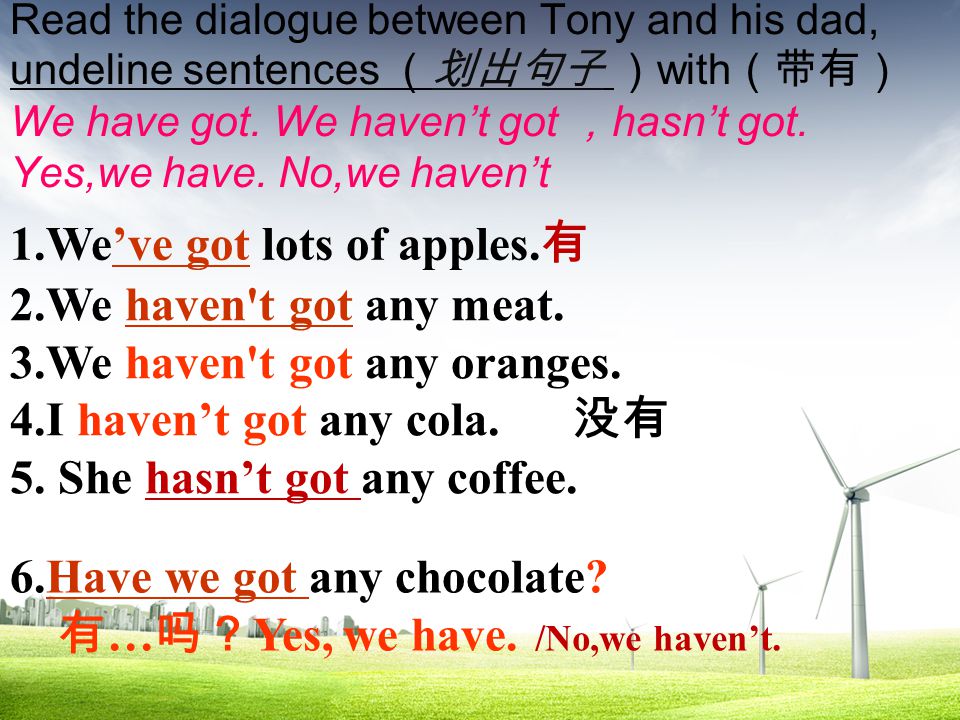 Read the dialogue between Tony and his dad, undeline sentences （划出句子 ） with （带有） We have got.