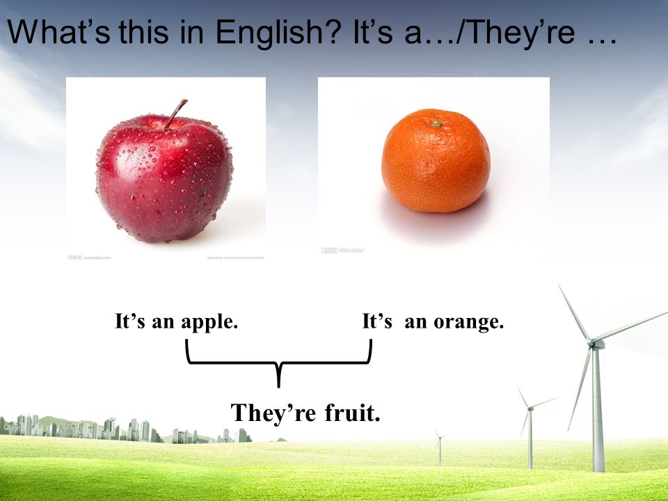 What’s this in English It’s a…/They’re … It’s an apple.It’s an orange. They’re fruit.