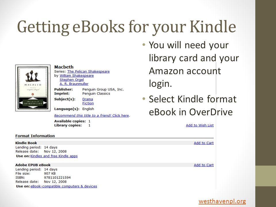 Getting eBooks for your Kindle westhavenpl.org You will need your library card and your Amazon account login.