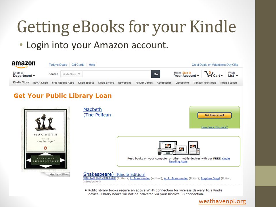 Getting eBooks for your Kindle Login into your Amazon account. westhavenpl.org