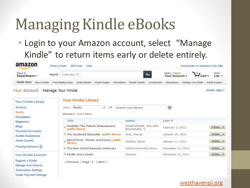Managing Kindle eBooks Login to your Amazon account, select Manage Kindle to return items early or delete entirely.