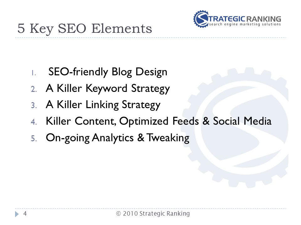 5 Key SEO Elements 1. SEO-friendly Blog Design 2.