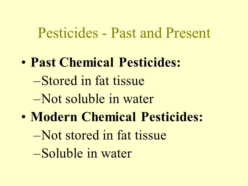 Pesticides - Past and Present Past Chemical Pesticides: –Stored in fat tissue –Not soluble in water Modern Chemical Pesticides: –Not stored in fat tissue –Soluble in water