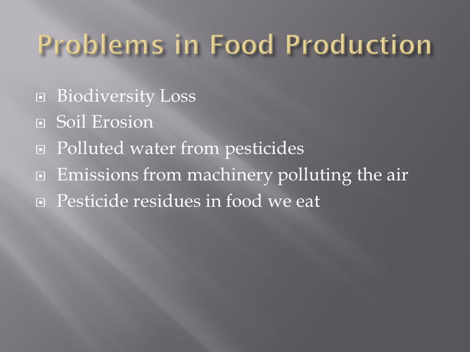 Biodiversity Loss  Soil Erosion  Polluted water from pesticides  Emissions from machinery polluting the air  Pesticide residues in food we eat