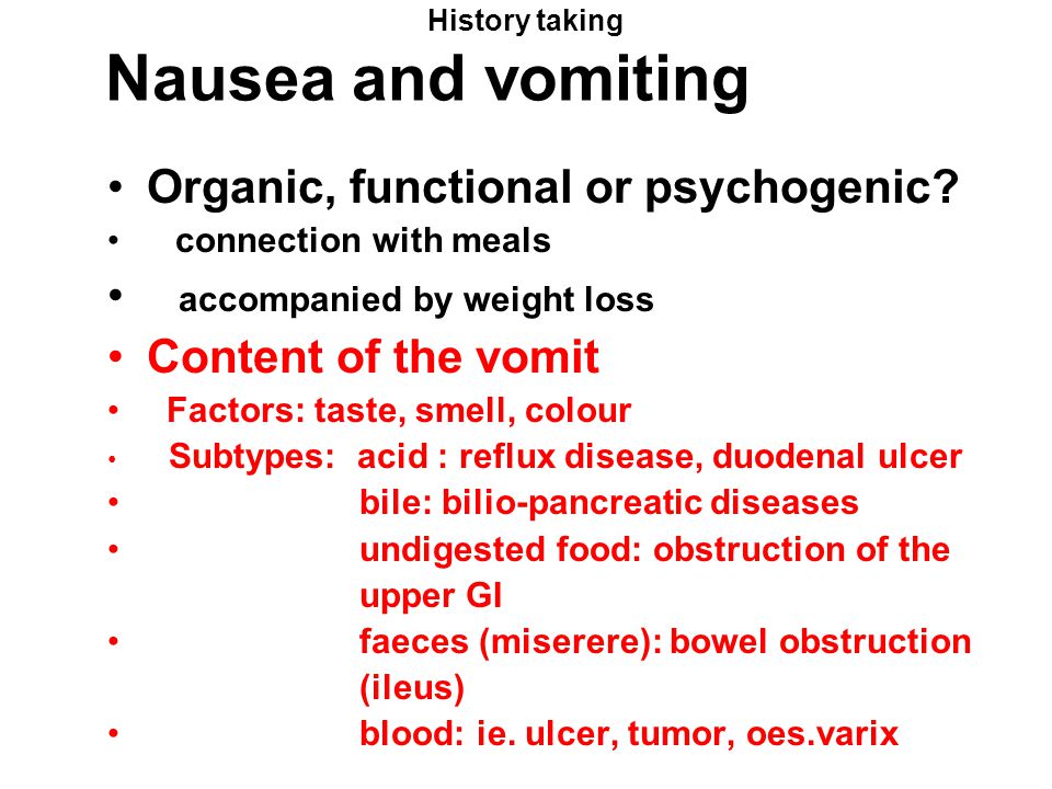 History taking Nausea and vomiting Organic, functional or psychogenic 