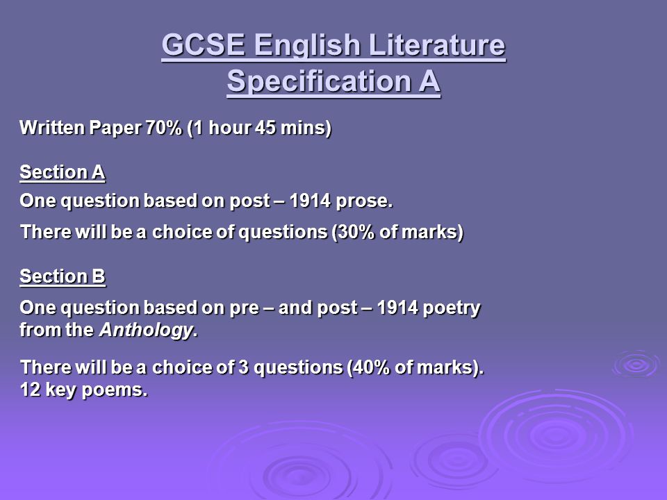 GCSE English Literature Specification A Written Paper 70% (1 hour 45 mins) Section A One question based on post – 1914 prose.