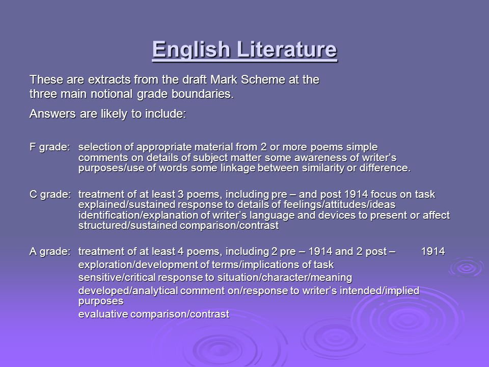 English Literature These are extracts from the draft Mark Scheme at the three main notional grade boundaries.