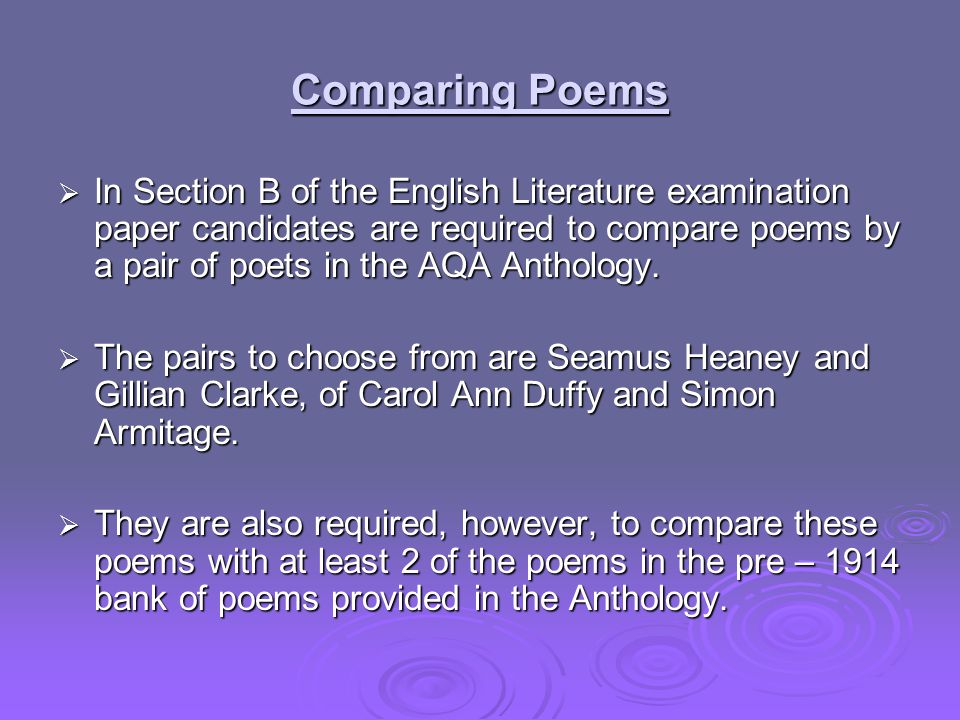 Comparing Poems  In Section B of the English Literature examination paper candidates are required to compare poems by a pair of poets in the AQA Anthology.