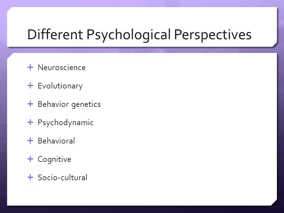 Different Psychological Perspectives  Neuroscience  Evolutionary  Behavior genetics  Psychodynamic  Behavioral  Cognitive  Socio-cultural