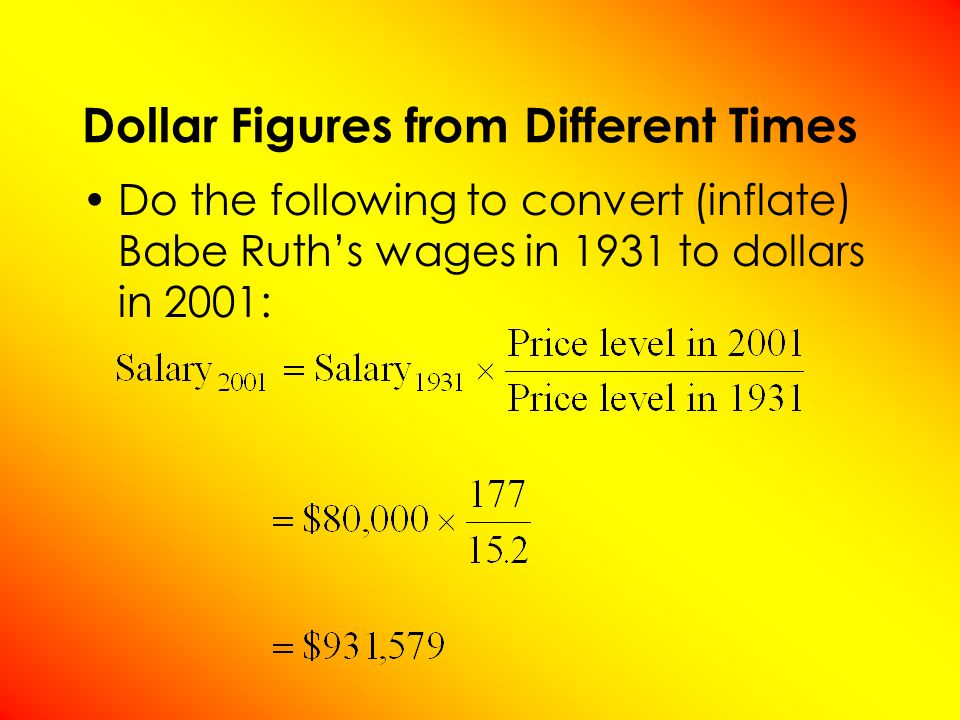 Dollar Figures from Different Times Do the following to convert (inflate) Babe Ruth’s wages in 1931 to dollars in 2001: