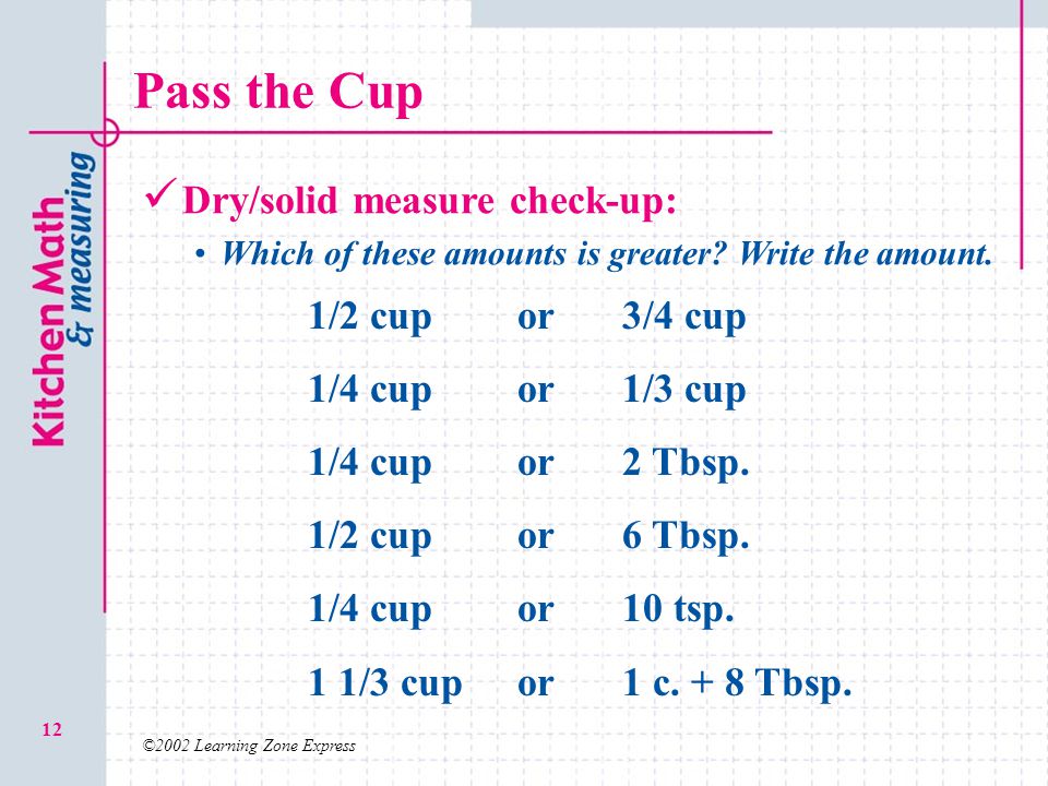 ©2002 Learning Zone Express 12 Pass the Cup Dry/solid measure check-up: Which of these amounts is greater.
