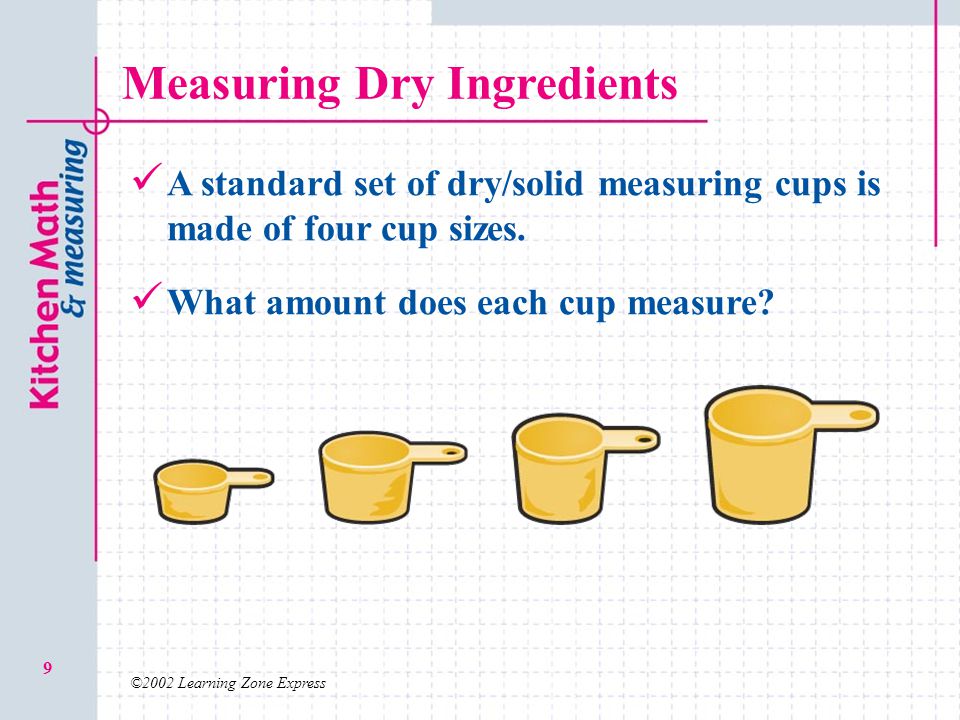 ©2002 Learning Zone Express 9 Measuring Dry Ingredients A standard set of dry/solid measuring cups is made of four cup sizes.