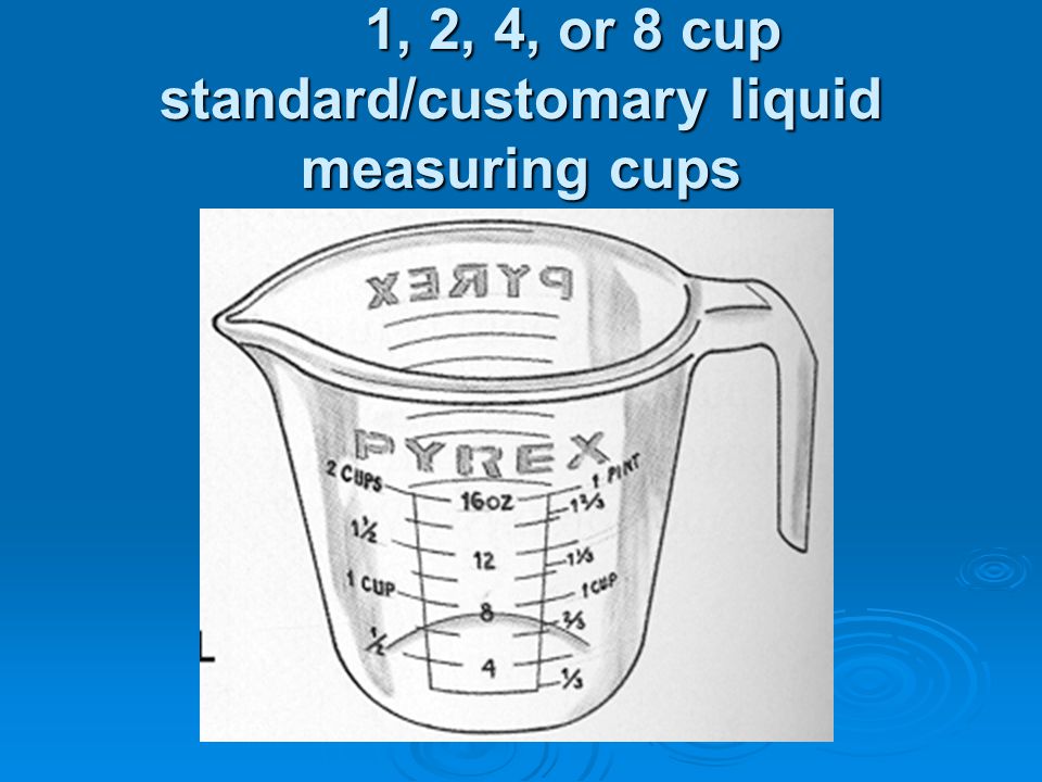 1, 2, 4, or 8 cup standard/customary liquid measuring cups