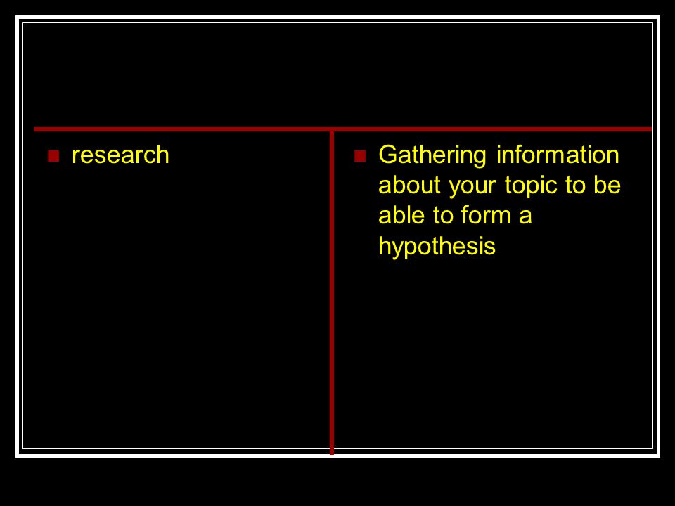 research Gathering information about your topic to be able to form a hypothesis