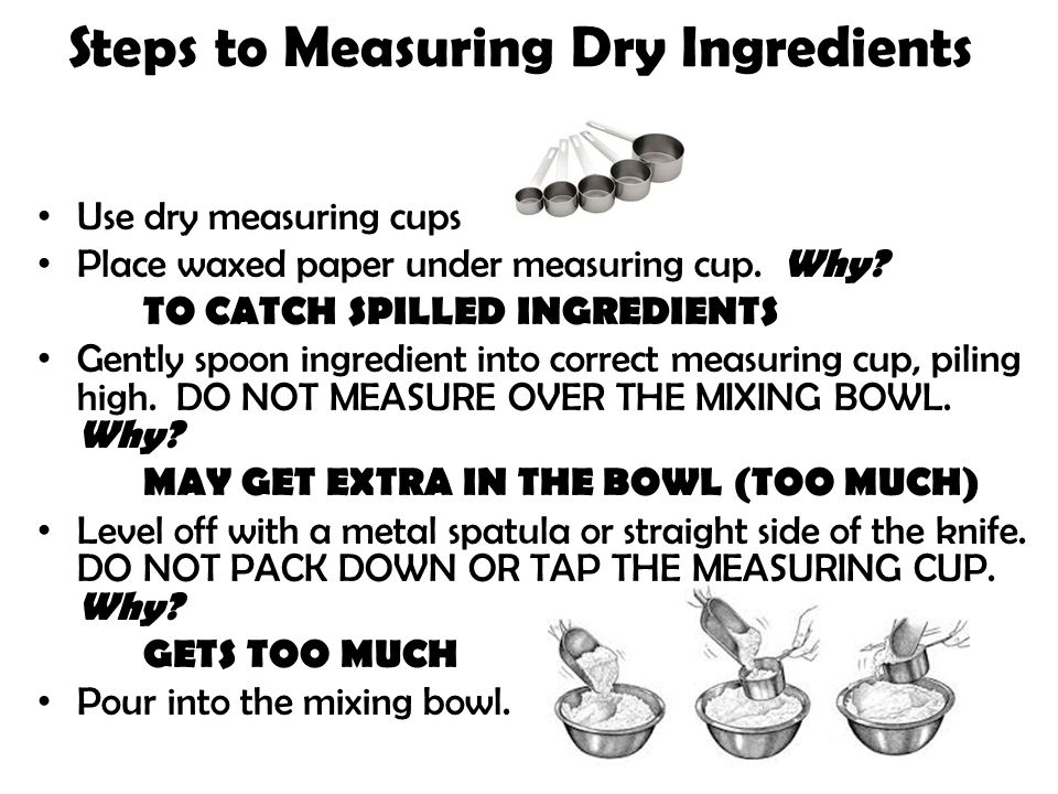 Steps to Measuring Dry Ingredients Use dry measuring cups Place waxed paper under measuring cup.