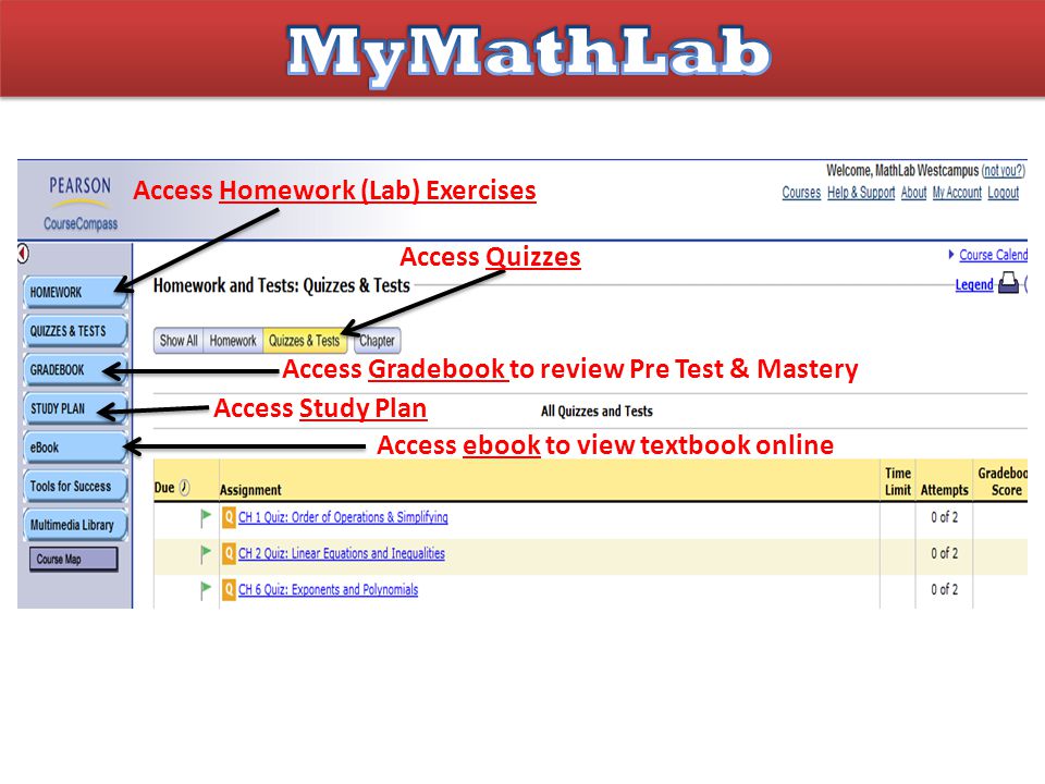 Access Quizzes Access Gradebook to review Pre Test & Mastery Access Homework (Lab) Exercises Access ebook to view textbook online Access Study Plan