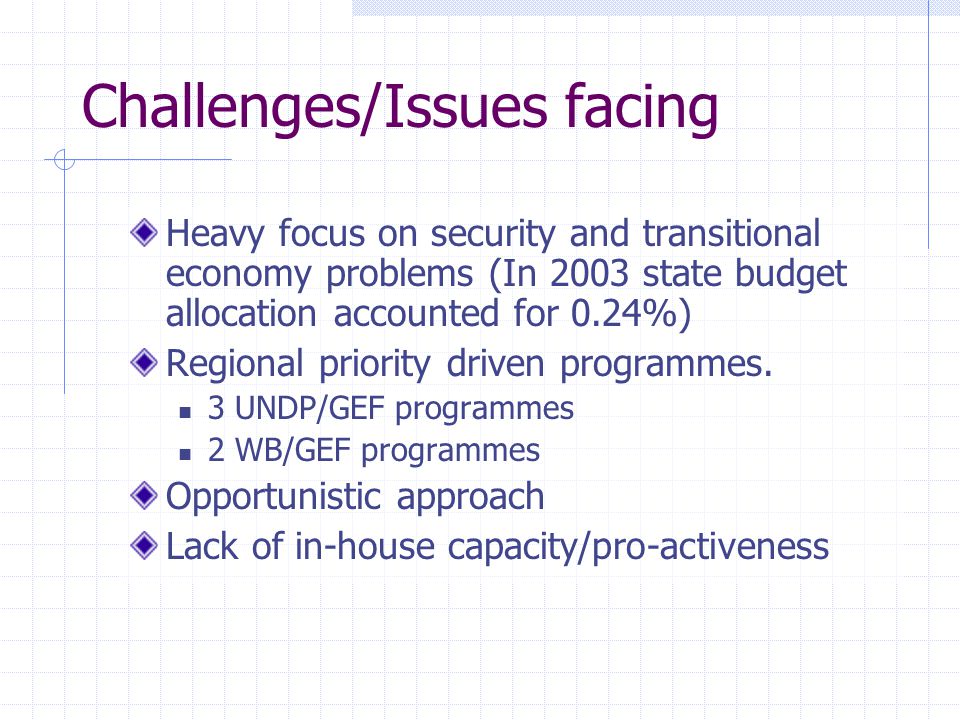 Challenges/Issues facing Heavy focus on security and transitional economy problems (In 2003 state budget allocation accounted for 0.24%) Regional priority driven programmes.