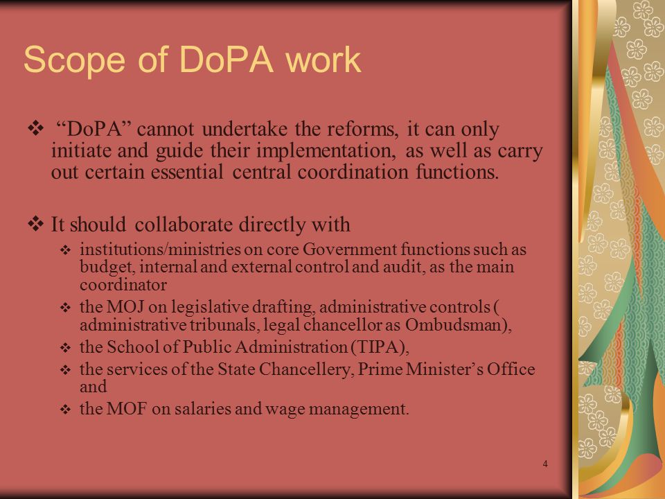 4 Scope of DoPA work  DoPA cannot undertake the reforms, it can only initiate and guide their implementation, as well as carry out certain essential central coordination functions.