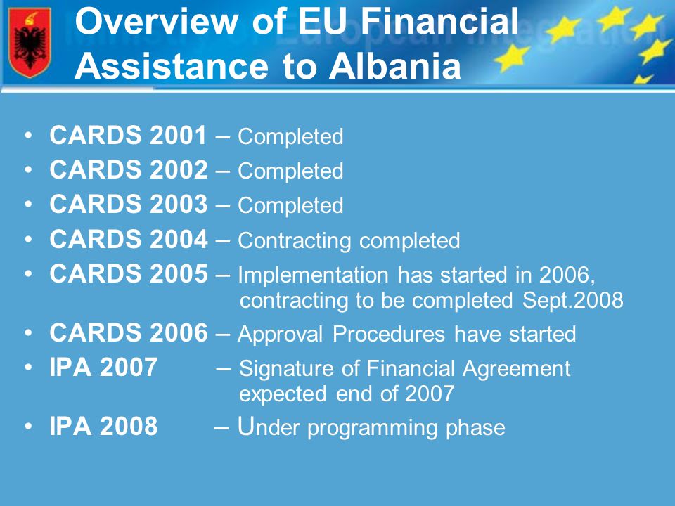 Overview of EU Financial Assistance to Albania CARDS 2001 – Completed CARDS 2002 – Completed CARDS 2003 – Completed CARDS 2004 – Contracting completed CARDS 2005 – Implementation has started in 2006, contracting to be completed Sept.2008 CARDS 2006 – Approval Procedures have started IPA 2007 – Signature of Financial Agreement expected end of 2007 IPA 2008 – U nder programming phase