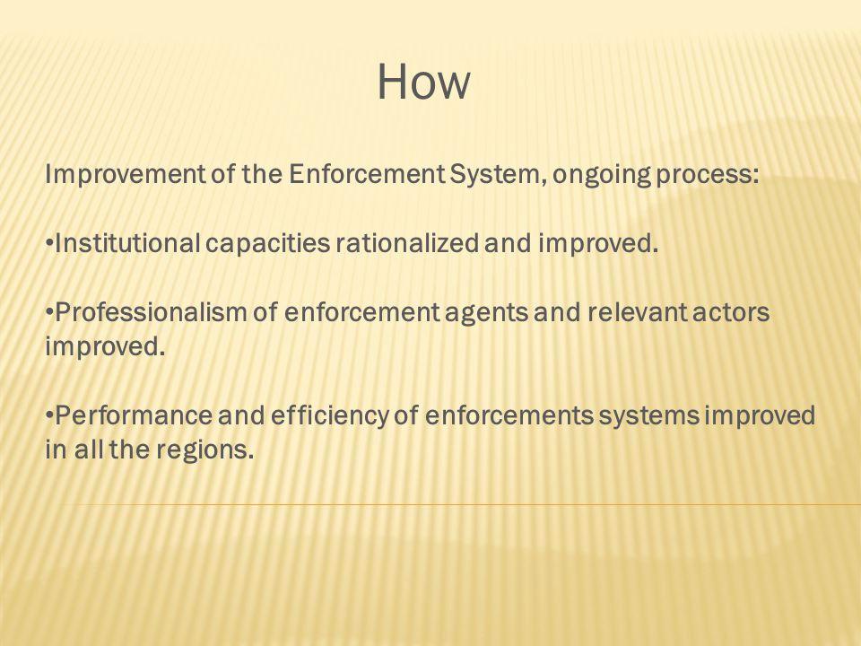 How Improvement of the Enforcement System, ongoing process: Institutional capacities rationalized and improved.