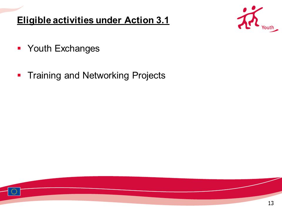 13 Eligible activities under Action 3.1  Youth Exchanges  Training and Networking Projects