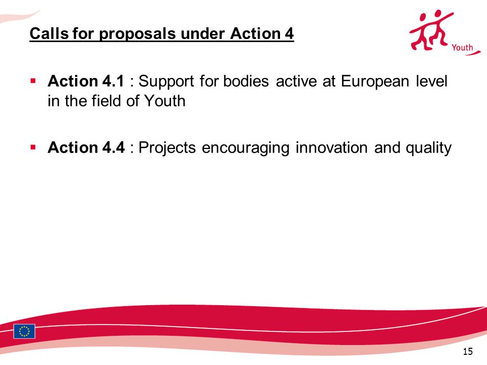 15 Calls for proposals under Action 4  Action 4.1 : Support for bodies active at European level in the field of Youth  Action 4.4 : Projects encouraging innovation and quality