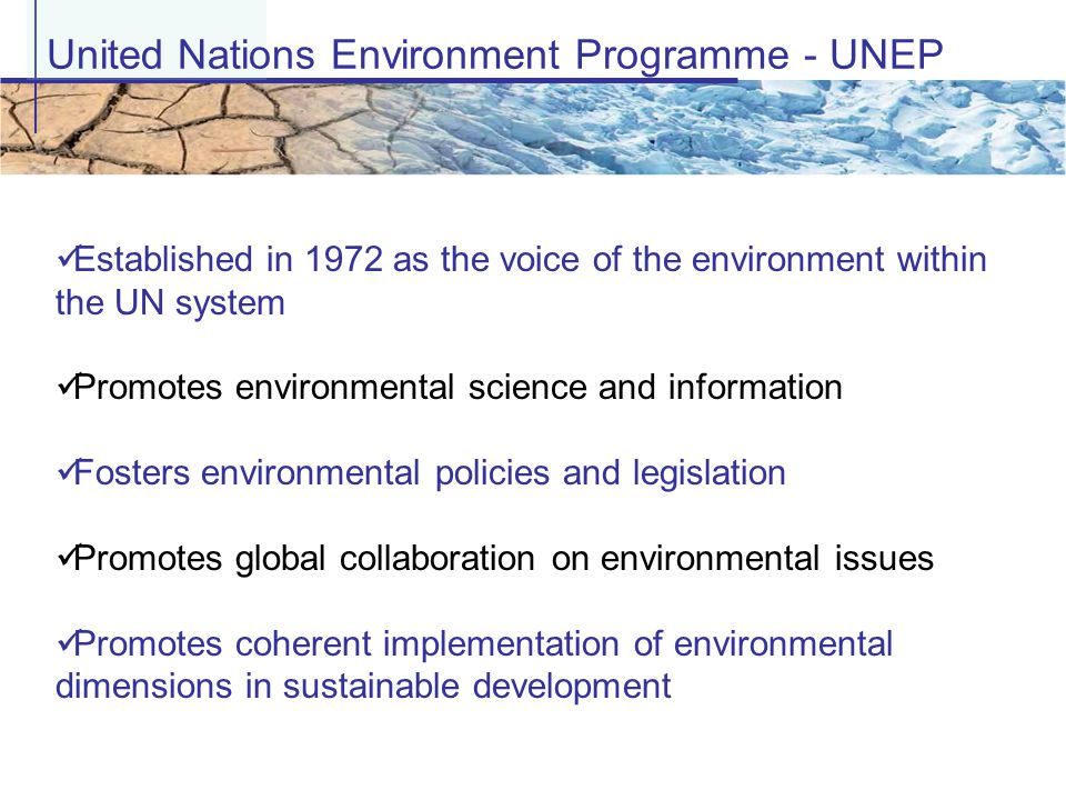 United Nations Environment Programme - UNEP Established in 1972 as the voice of the environment within the UN system Promotes environmental science and information Fosters environmental policies and legislation Promotes global collaboration on environmental issues Promotes coherent implementation of environmental dimensions in sustainable development