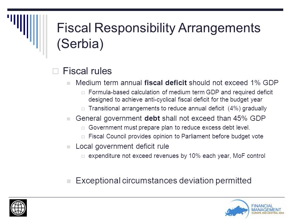 Fiscal Responsibility Arrangements (Serbia)  Fiscal rules Medium term annual fiscal deficit should not exceed 1% GDP  Formula-based calculation of medium term GDP and required deficit designed to achieve anti-cyclical fiscal deficit for the budget year  Transitional arrangements to reduce annual deficit (4%) gradually General government debt shall not exceed than 45% GDP  Government must prepare plan to reduce excess debt level.
