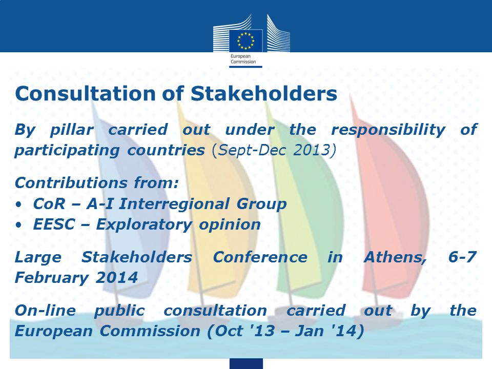 Consultation of Stakeholders By pillar carried out under the responsibility of participating countries (Sept-Dec 2013) Contributions from: CoR – A-I Interregional Group EESC – Exploratory opinion Large Stakeholders Conference in Athens, 6-7 February 2014 On-line public consultation carried out by the European Commission (Oct 13 – Jan 14)