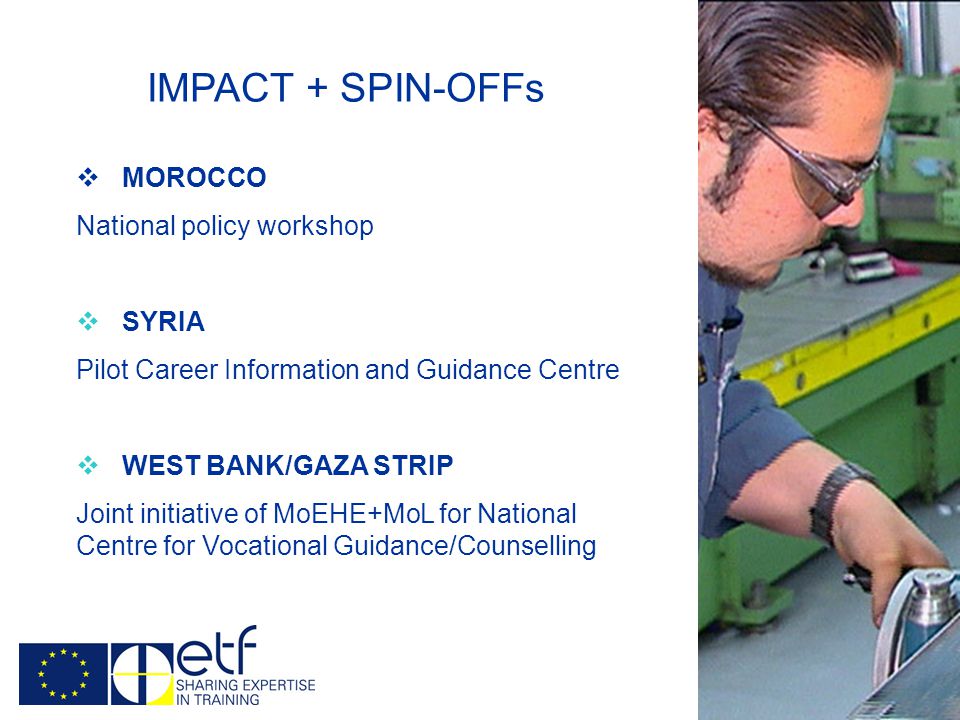 IMPACT + SPIN-OFFs  MOROCCO National policy workshop  SYRIA Pilot Career Information and Guidance Centre  WEST BANK/GAZA STRIP Joint initiative of MoEHE+MoL for National Centre for Vocational Guidance/Counselling