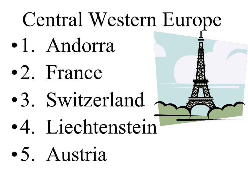 Central Western Europe 1. Andorra 2. France 3. Switzerland 4. Liechtenstein 5. Austria