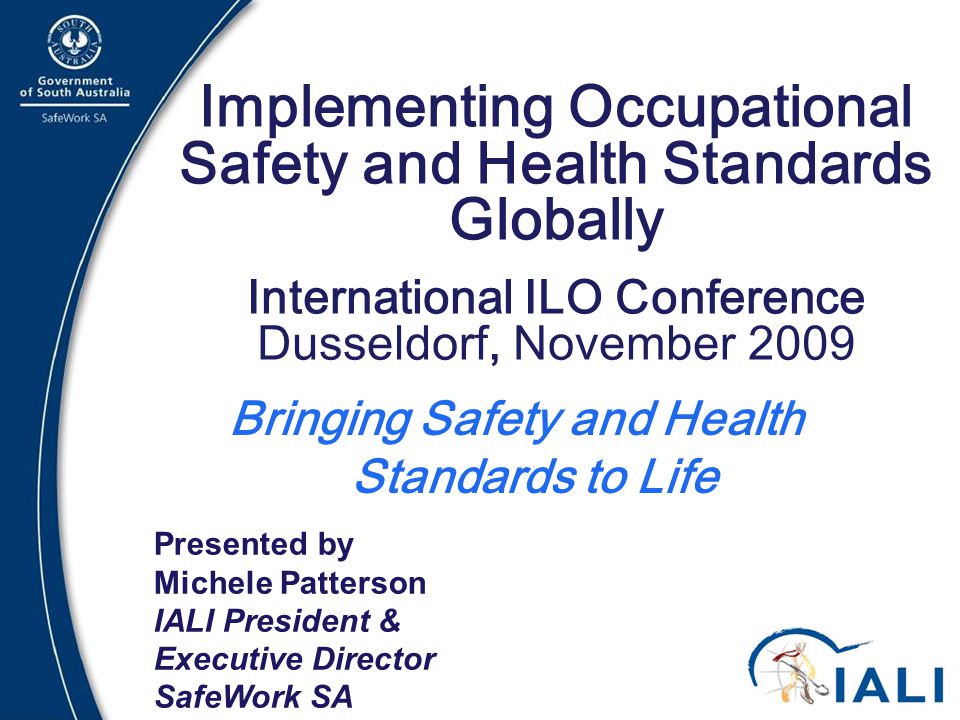 1 Implementing Occupational Safety and Health Standards Globally International ILO Conference Dusseldorf, November 2009 Bringing Safety and Health Standards to Life Presented by Michele Patterson IALI President & Executive Director SafeWork SA
