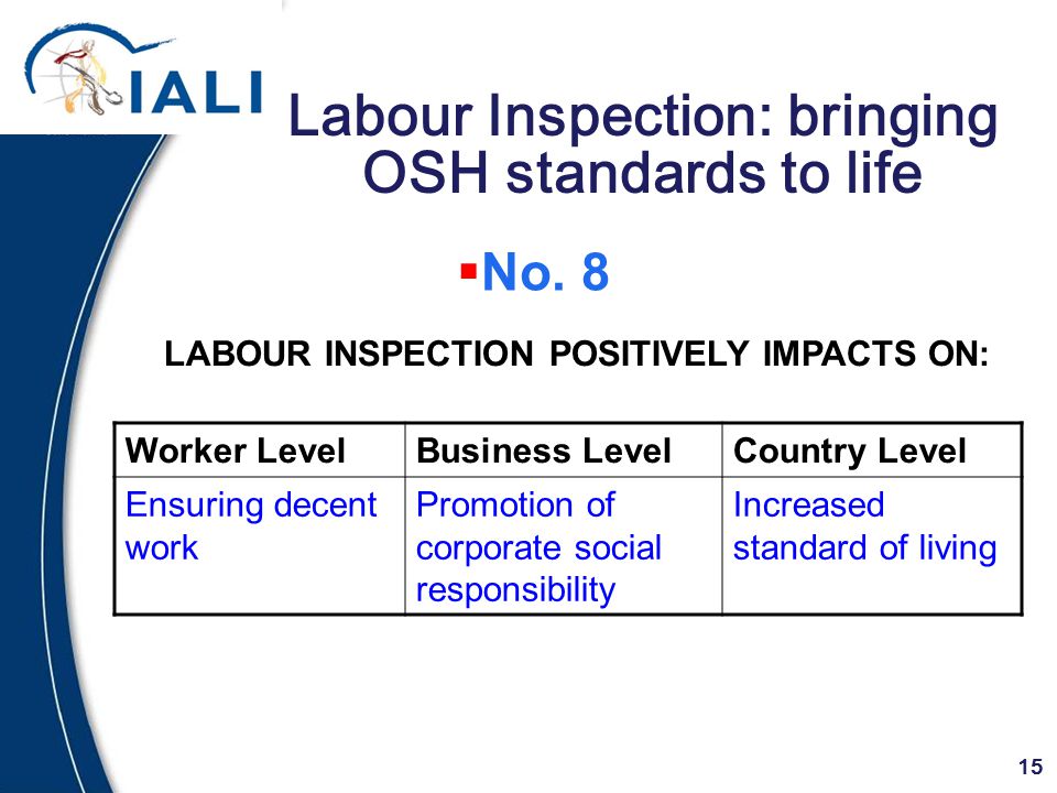 15 Labour Inspection: bringing OSH standards to life Worker LevelBusiness LevelCountry Level Ensuring decent work Promotion of corporate social responsibility Increased standard of living LABOUR INSPECTION POSITIVELY IMPACTS ON:  No.
