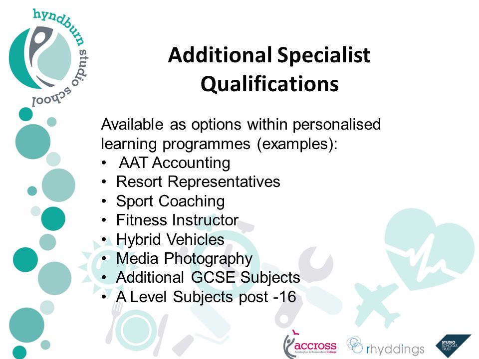 Additional Specialist Qualifications Available as options within personalised learning programmes (examples): AAT Accounting Resort Representatives Sport Coaching Fitness Instructor Hybrid Vehicles Media Photography Additional GCSE Subjects A Level Subjects post -16