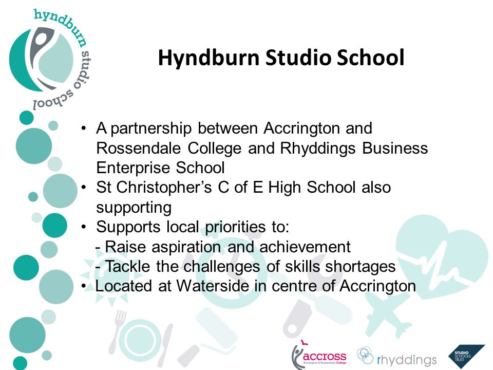 Hyndburn Studio School A partnership between Accrington and Rossendale College and Rhyddings Business Enterprise School St Christopher’s C of E High School also supporting Supports local priorities to: -Raise aspiration and achievement -Tackle the challenges of skills shortages Located at Waterside in centre of Accrington