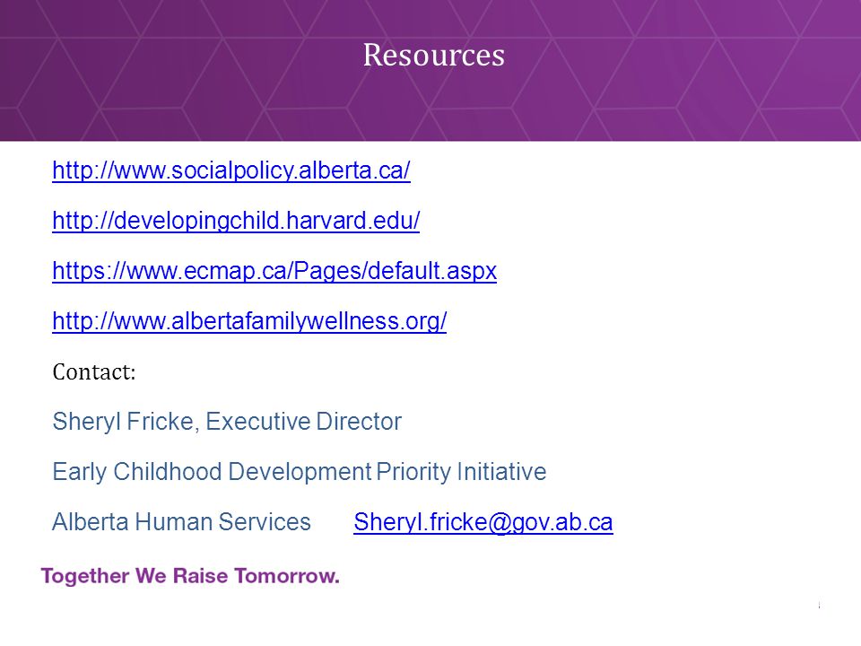 Resources Contact: Sheryl Fricke, Executive Director Early Childhood Development Priority Initiative Alberta Human Services