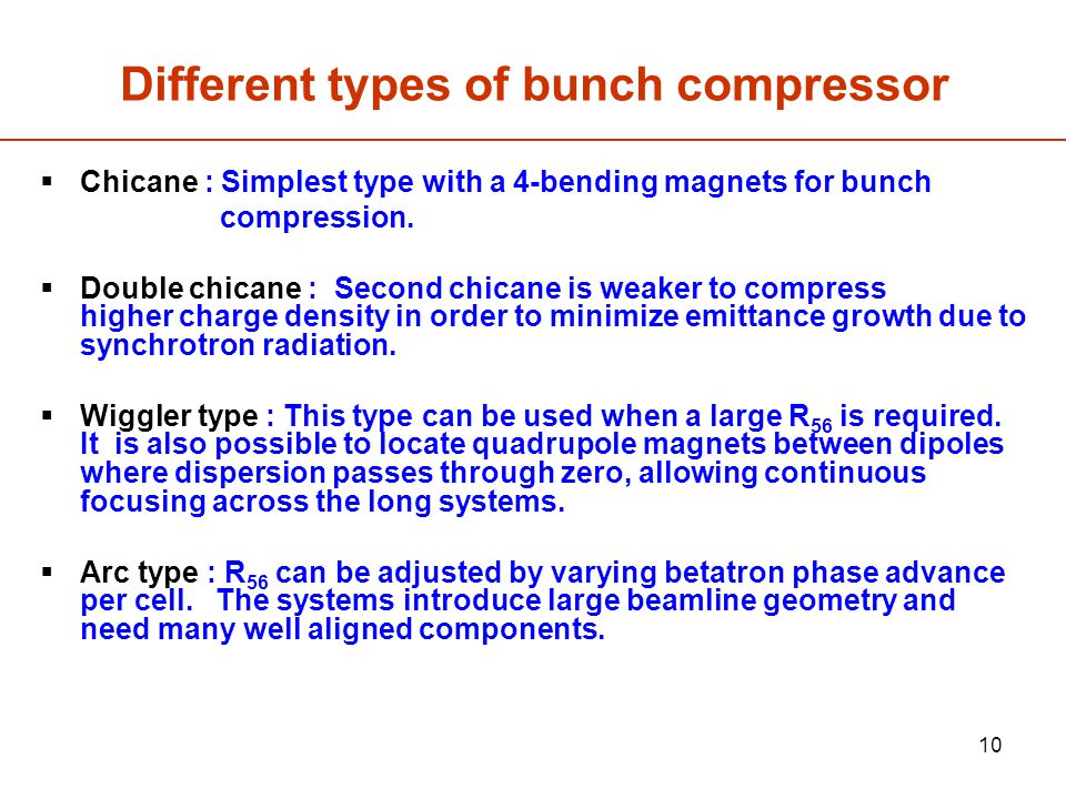 10 Different types of bunch compressor  Chicane : Simplest type with a 4-bending magnets for bunch compression.