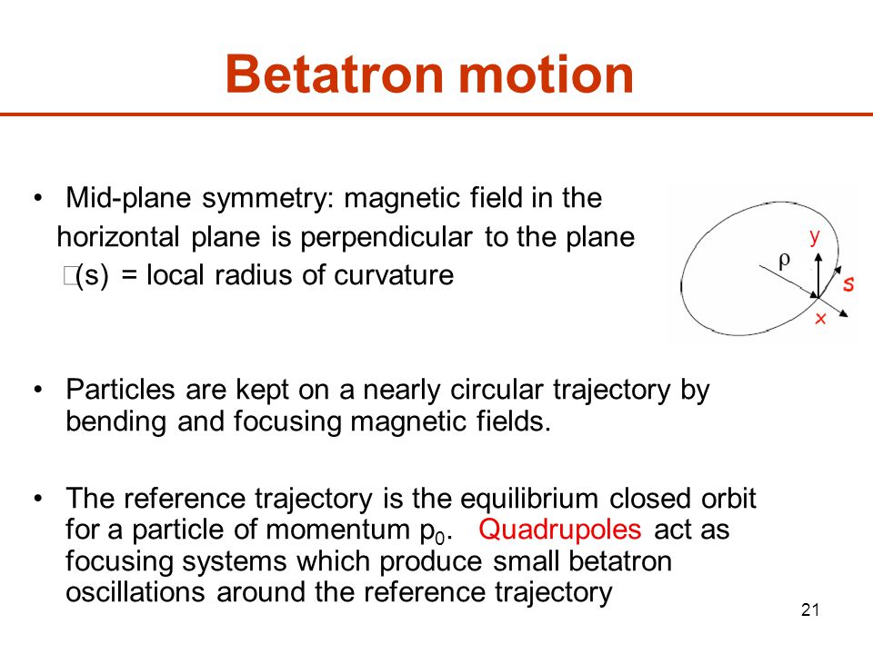 21 Betatron motion Mid-plane symmetry: magnetic field in the horizontal plane is perpendicular to the plane  (s) = local radius of curvature Particles are kept on a nearly circular trajectory by bending and focusing magnetic fields.