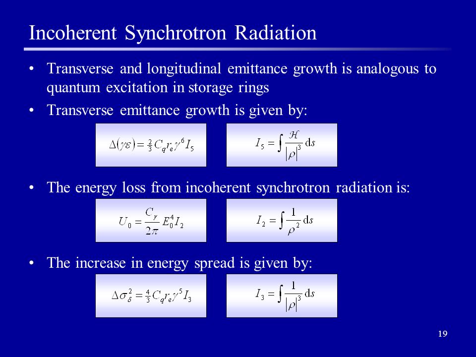 19 Incoherent Synchrotron Radiation Transverse and longitudinal emittance growth is analogous to quantum excitation in storage rings Transverse emittance growth is given by: The increase in energy spread is given by: The energy loss from incoherent synchrotron radiation is:
