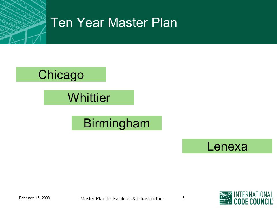 February 15, Master Plan for Facilities & Infrastructure Ten Year Master Plan Birmingham Lenexa Whittier Chicago