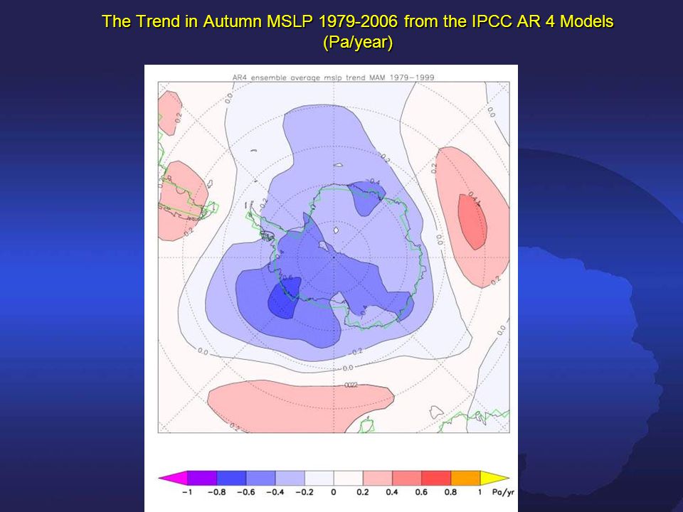 The Trend in Autumn MSLP from the IPCC AR 4 Models (Pa/year)