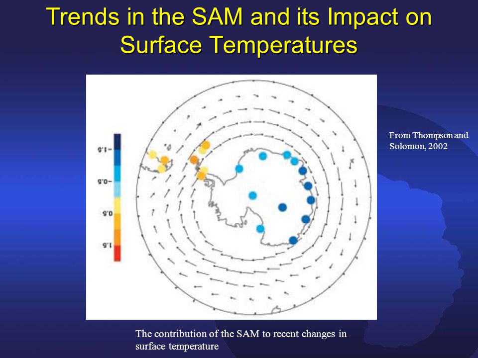 Trends in the SAM and its Impact on Surface Temperatures The contribution of the SAM to recent changes in surface temperature From Thompson and Solomon, 2002