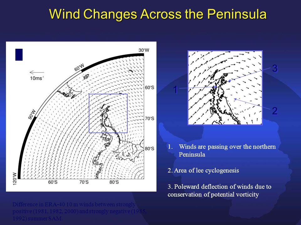 Wind Changes Across the Peninsula Difference in ERA m winds between strongly positive (1981, 1982, 2000) and strongly negative (1985, 1992) summer SAM.