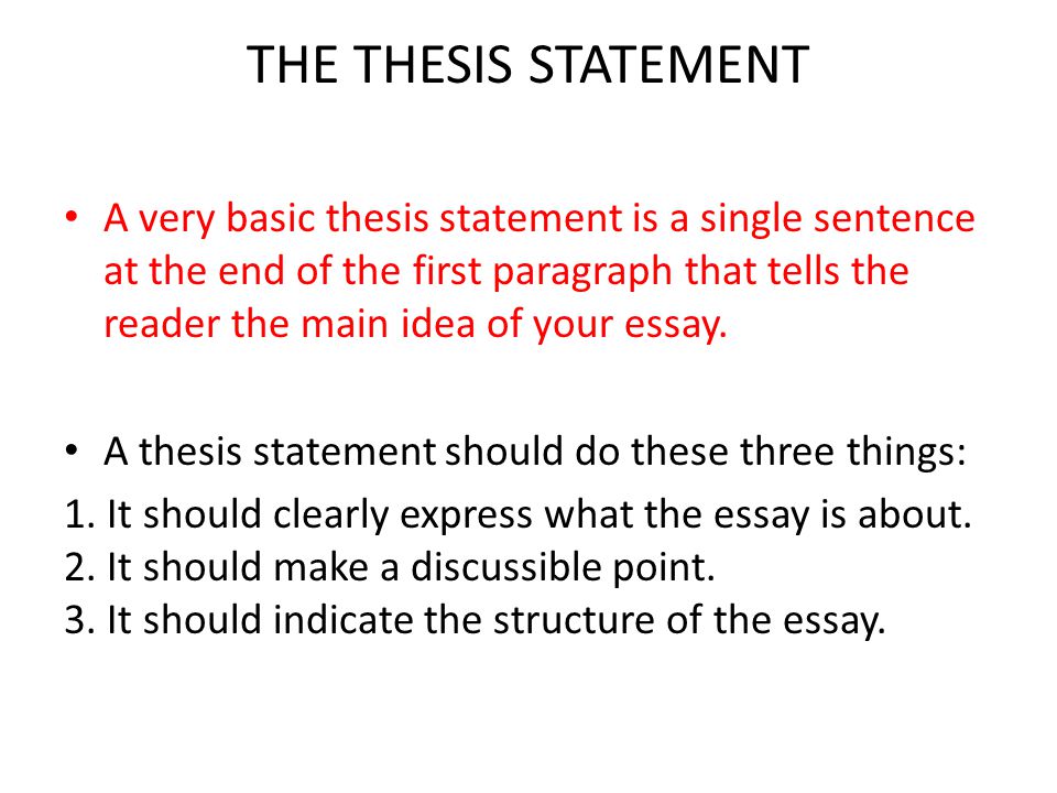 THE THESIS STATEMENT A very basic thesis statement is a single sentence at the end of the first paragraph that tells the reader the main idea of your essay.