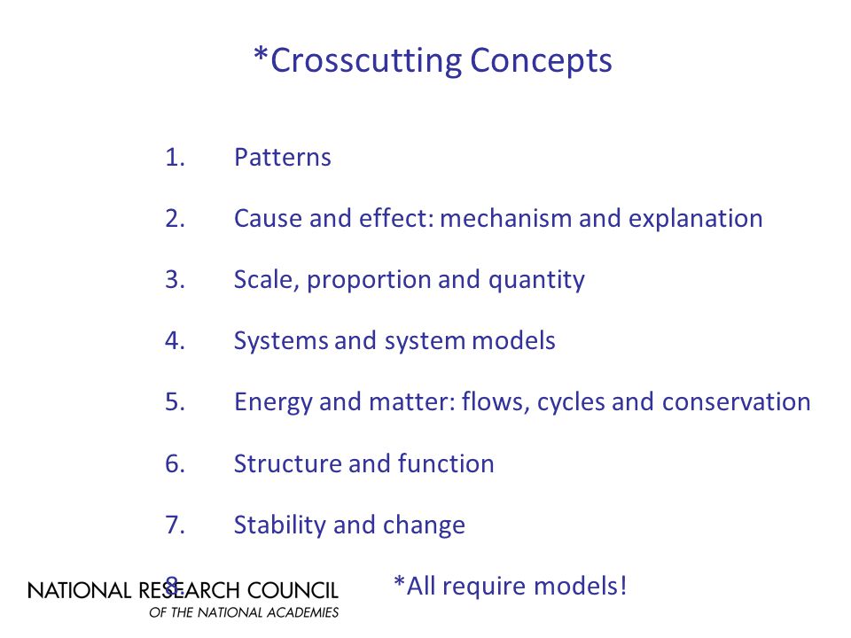 *Crosscutting Concepts 1.Patterns 2.Cause and effect: mechanism and explanation 3.Scale, proportion and quantity 4.Systems and system models 5.Energy and matter: flows, cycles and conservation 6.Structure and function 7.Stability and change 8.