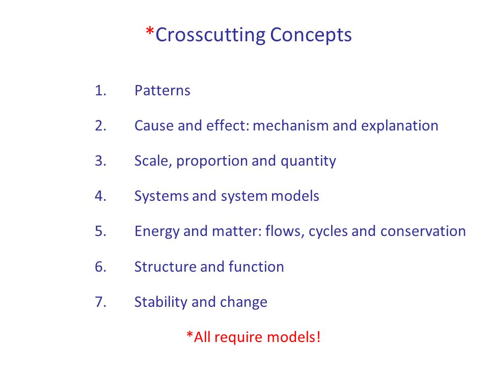 *Crosscutting Concepts 1.Patterns 2.Cause and effect: mechanism and explanation 3.Scale, proportion and quantity 4.Systems and system models 5.Energy and matter: flows, cycles and conservation 6.Structure and function 7.Stability and change *All require models!
