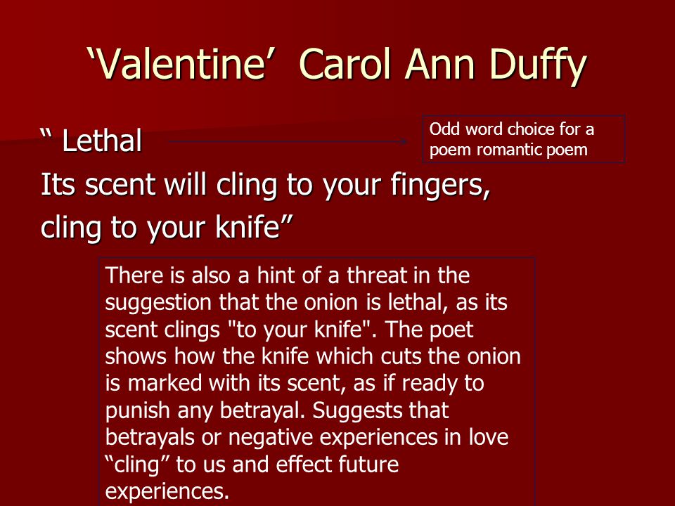 how does carol ann duffy create We also have the run on line (enjambment) used again to create smooth flow downward lastly ‘valentine’ by carol anne duffy overview. how does carol ann duffy create We also have the run on line (enjambment) used again to create smooth flow downward lastly ‘valentine’ by carol anne duffy overview.